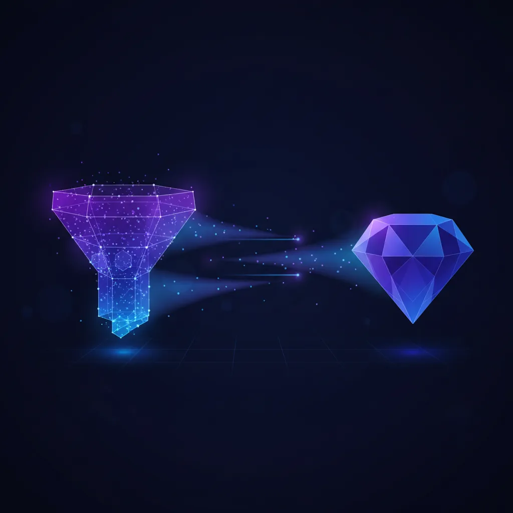 Entonnoir géométrique violet et bleu filtrant des particules lumineuses vers un diamant cristallin, illustrant le modèle 'AI filtre, humain ferme' en prospection commerciale 2026