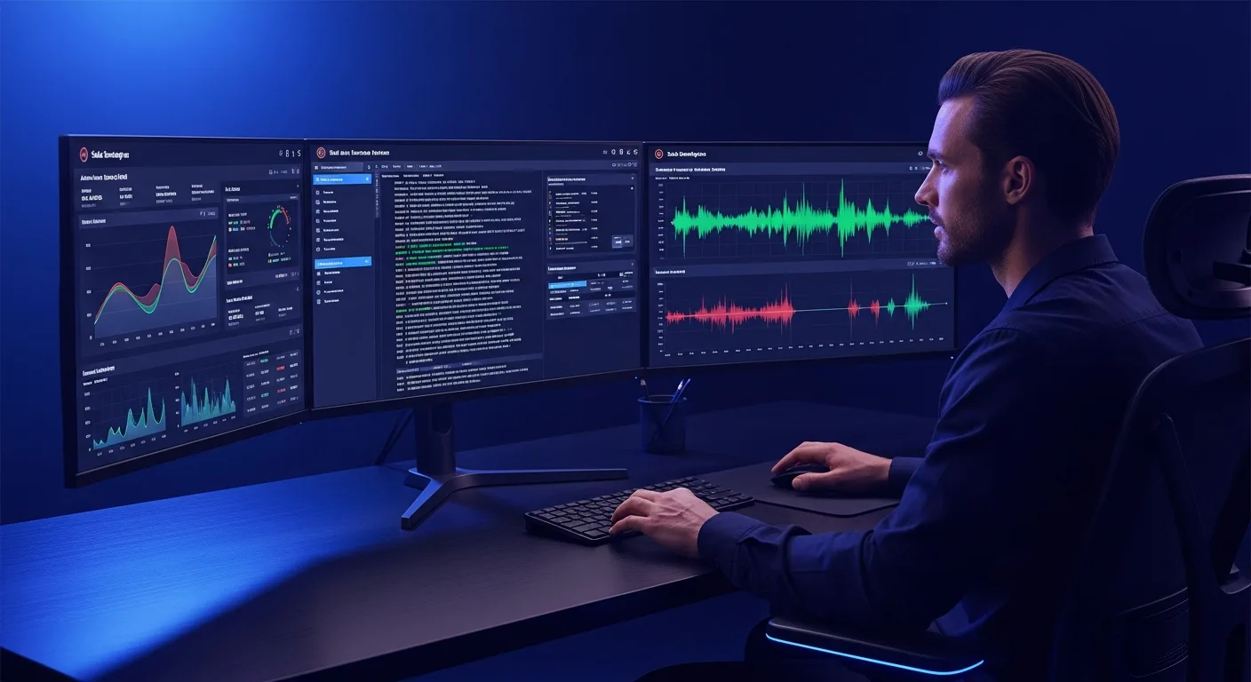 Manager commercial analysant des appels avec dashboard IA, transcripts, graphes de talk ratio et scoring, écrans multiples ambiance bleu violet futuriste