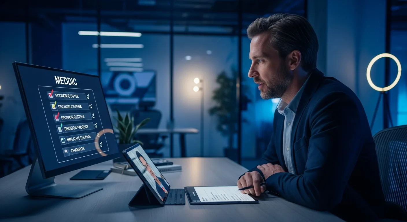 Commercial B2B menant un discovery call vidéo structuré avec framework MEDDIC visible sur écran latéral, prise de notes, ambiance bureau premium bleu indigo