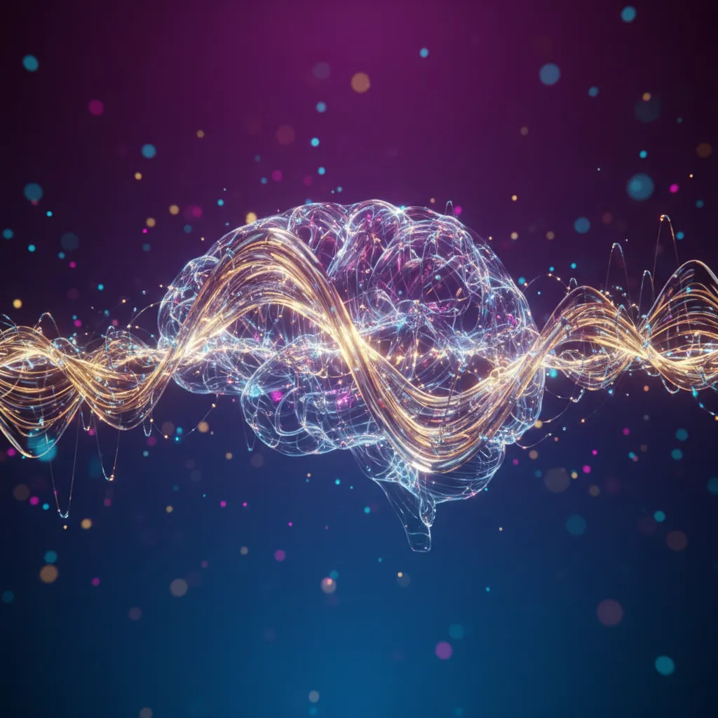 Visualisation d'une onde audio traversant un réseau neuronal violet et bleu, symbolisant le coaching IA en temps réel pendant un appel commercial