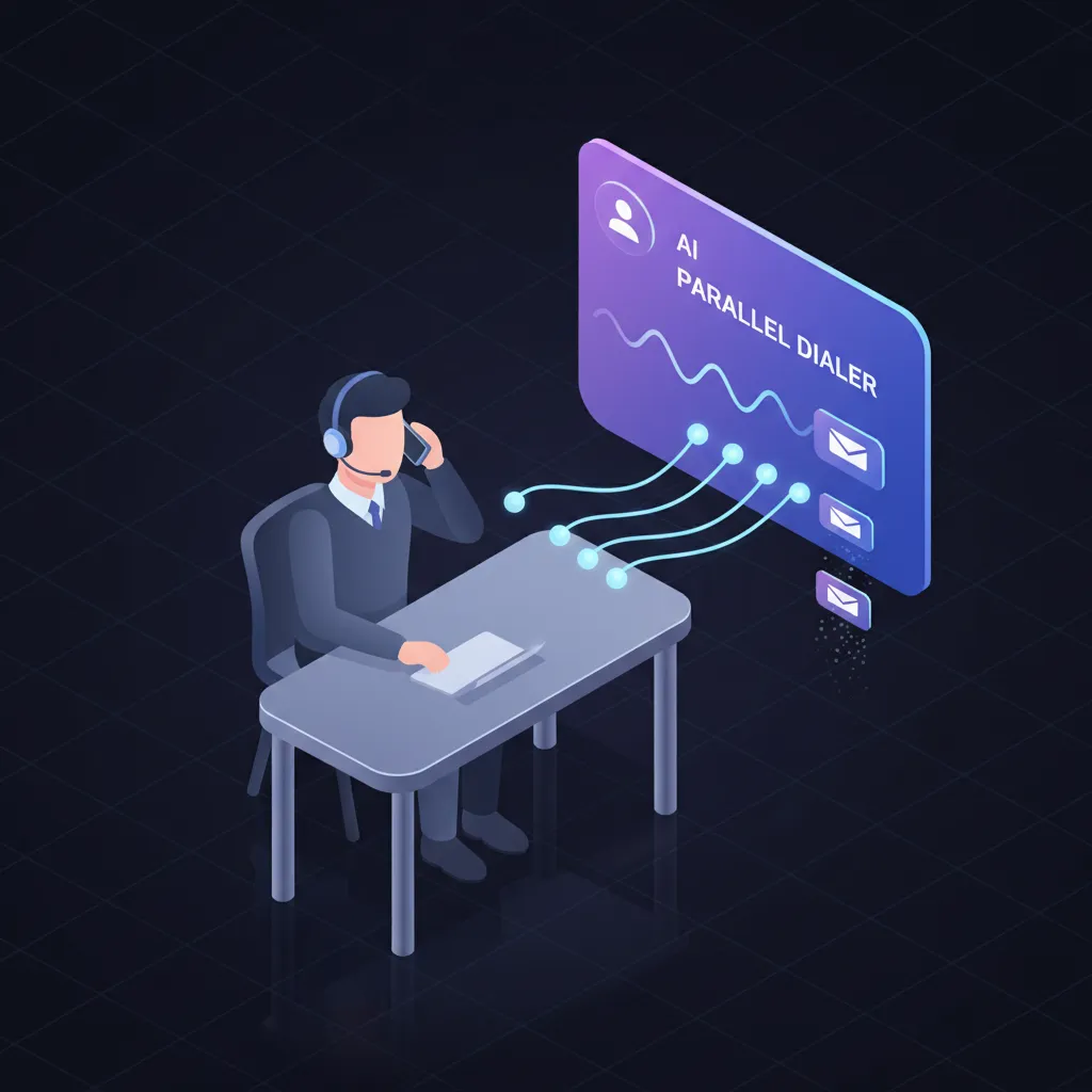 Illustration isométrique 3D d'un SDR B2B en cold call avec parallel dialer IA, 4 lignes téléphoniques composées simultanément, agents IA filtrant les voicemails, gradient violet électrique sur fond sombre, esthétique fintech moderne pour la prospection téléphonique 2026