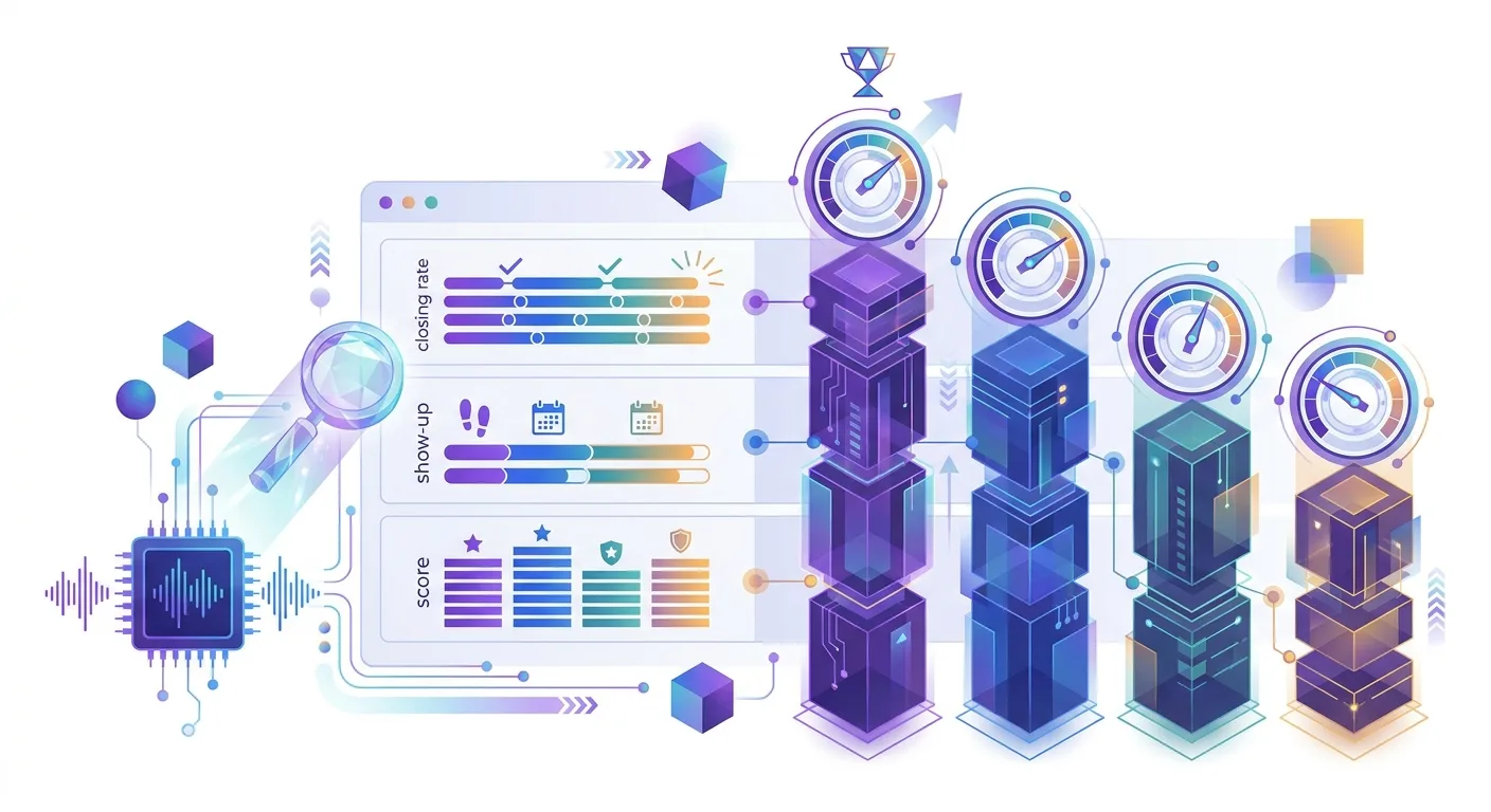 Infographie abstraite comparant plusieurs agences de closing : trois colonnes de prestataires alignées sur une même grille de KPIs (taux de closing, prise de R2, no-show, qualité d'appel), une puce IA analysant les appels pour produire un score neutre et une jauge de performance, en violet et bleu