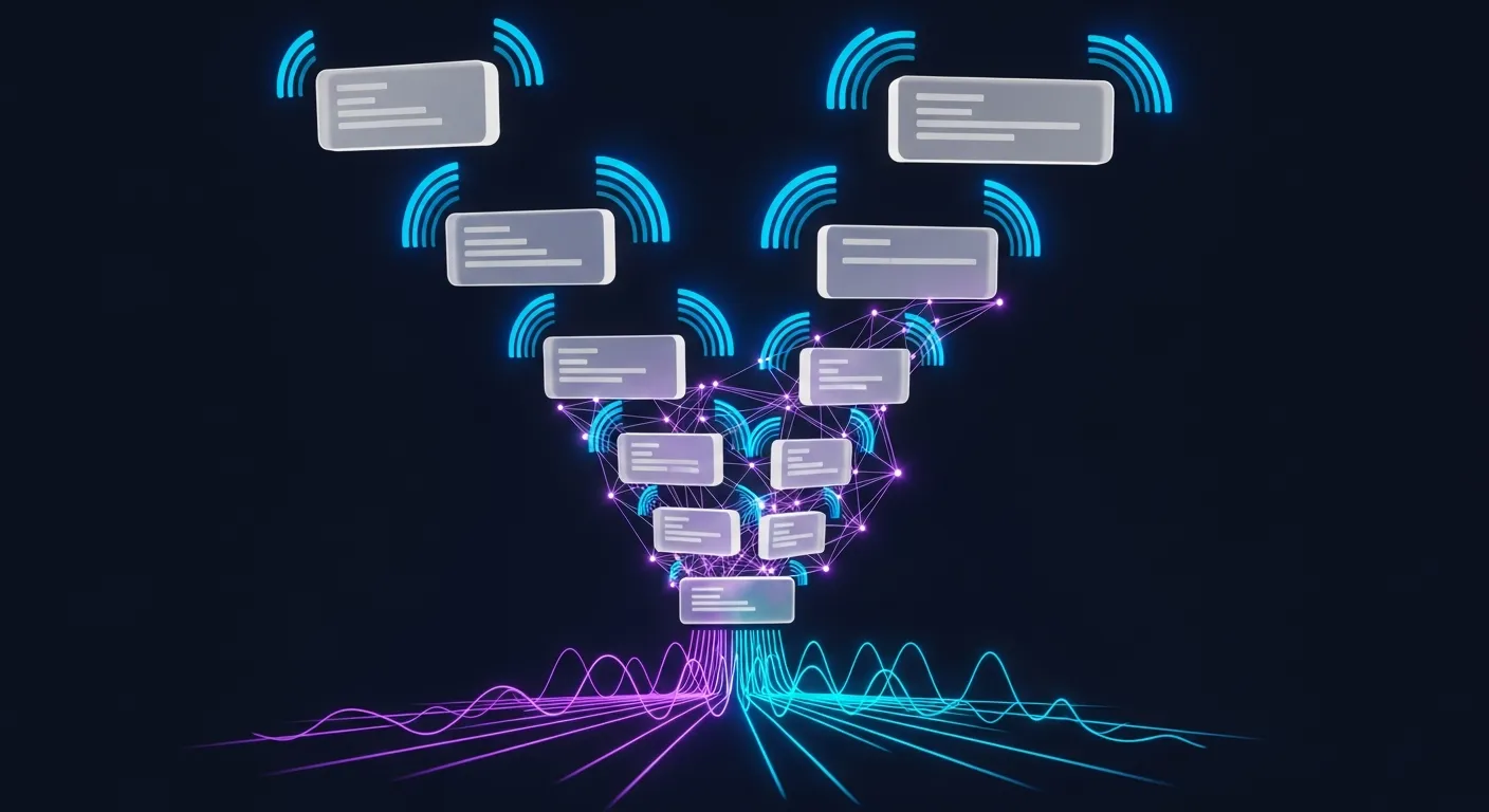 Illustration abstraite d'un pipeline commercial scoré par l'IA, avec cartes de deals translucides, indicateurs de probabilité lumineux et lignes de tendance prédictives sur fond violet et bleu