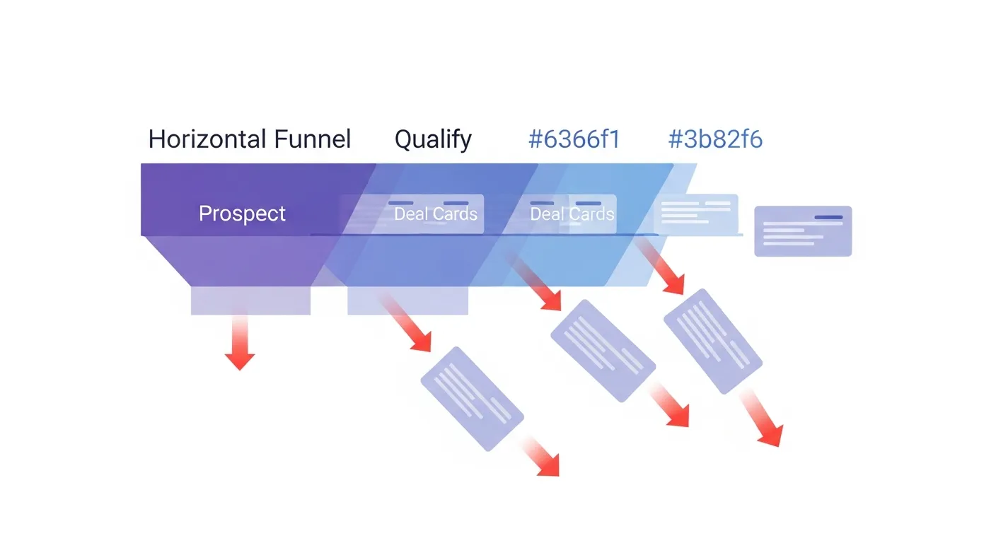 Illustration flat design d'un pipeline commercial B2B avec deal slippage : entonnoir horizontal, cartes de deals qui glissent hors du pipeline avec flèches rouges, nœud IA radar détectant les signaux de risque, tons violet et bleu sur fond blanc