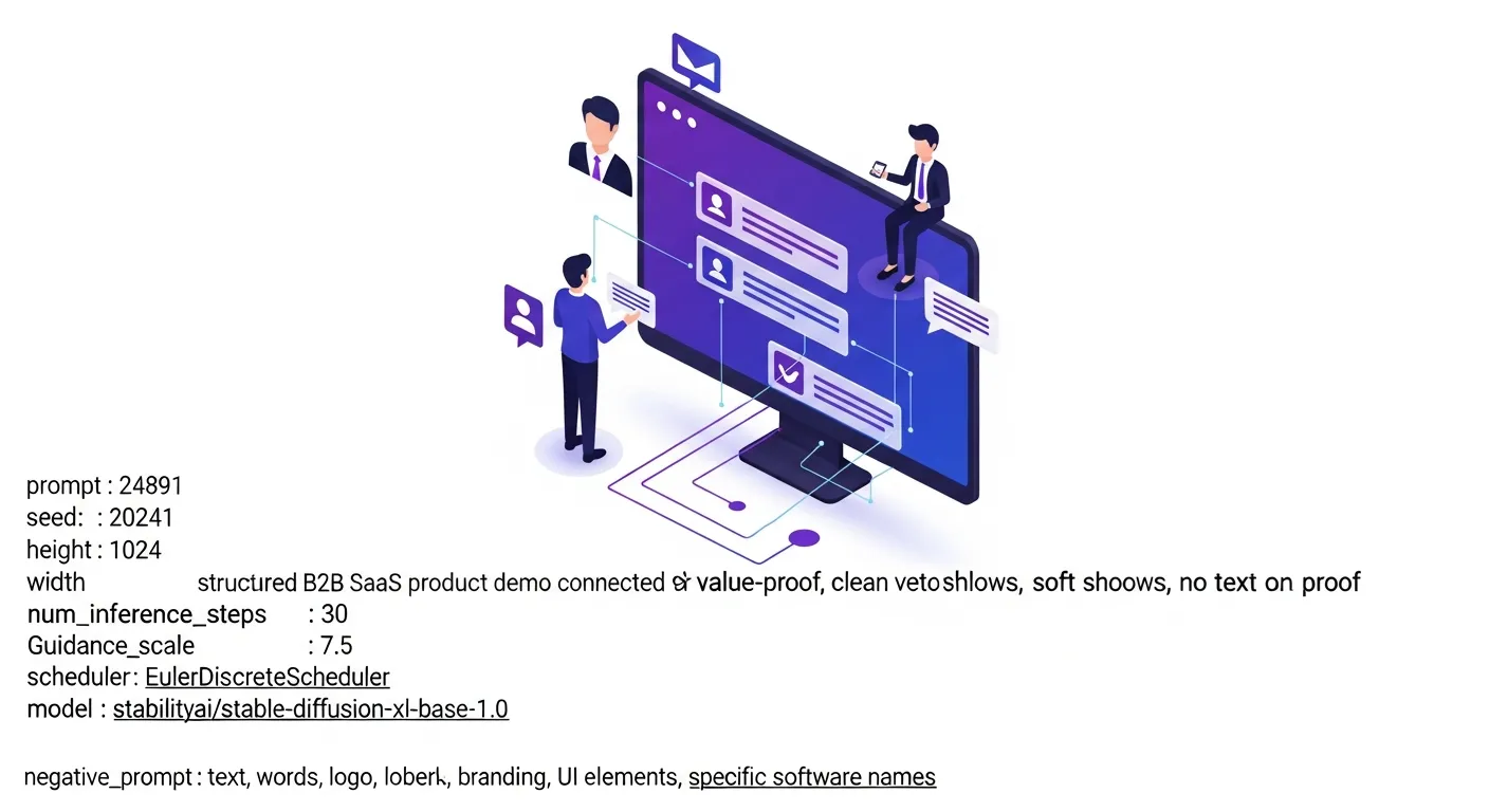 Illustration isométrique 3D d'une démo commerciale SaaS B2B : commercial et acheteurs autour d'un écran montrant une structure en étapes avec preuves de valeur, tons violet et bleu