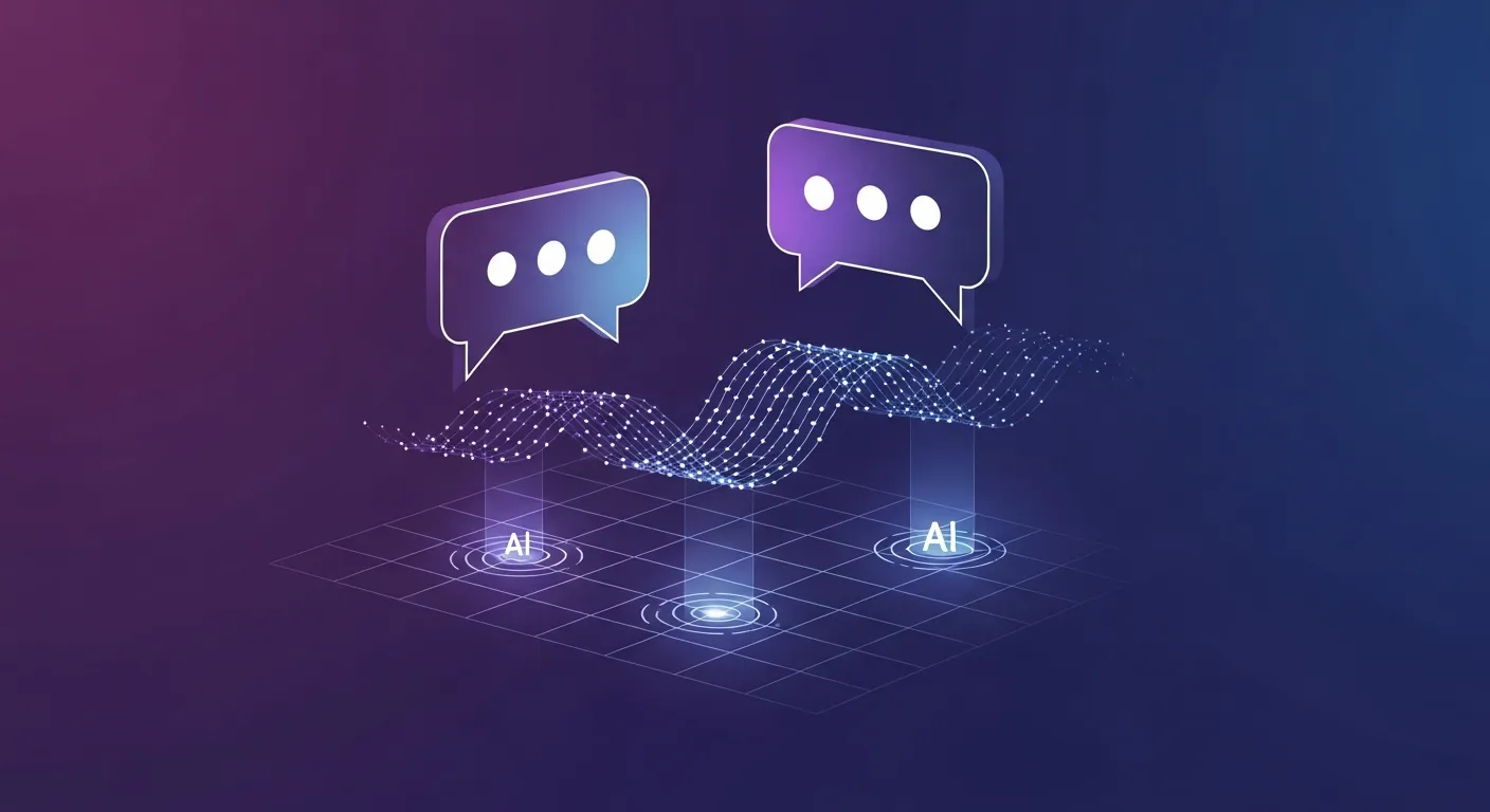 Schéma abstrait d'un framework de découverte commerciale : deux bulles de conversation reliées par une grille de questions structurée, tons violet et bleu