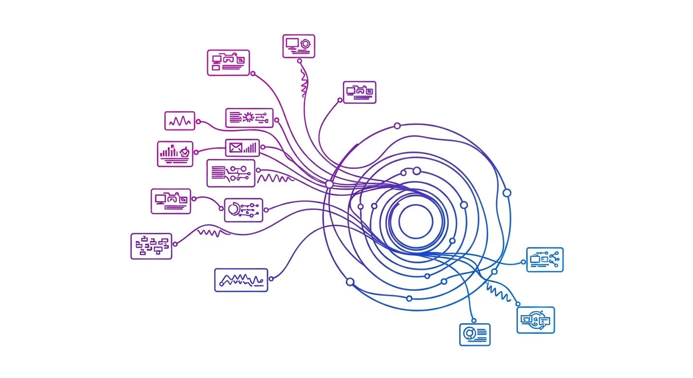 Illustration au trait moderne d'un profil client idéal ICP B2B reliant des entreprises cibles par firmographics, technographics et signaux conversationnels, ligne continue violet et bleu sur fond blanc