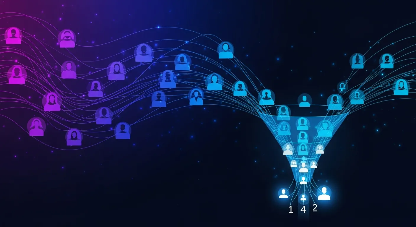Visualisation abstraite d'un système de lead scoring IA prédictif transformant un cluster de leads en prospects ranked, signaux comportementaux et démographiques connectés par des lignes lumineuses, palette violet et bleu