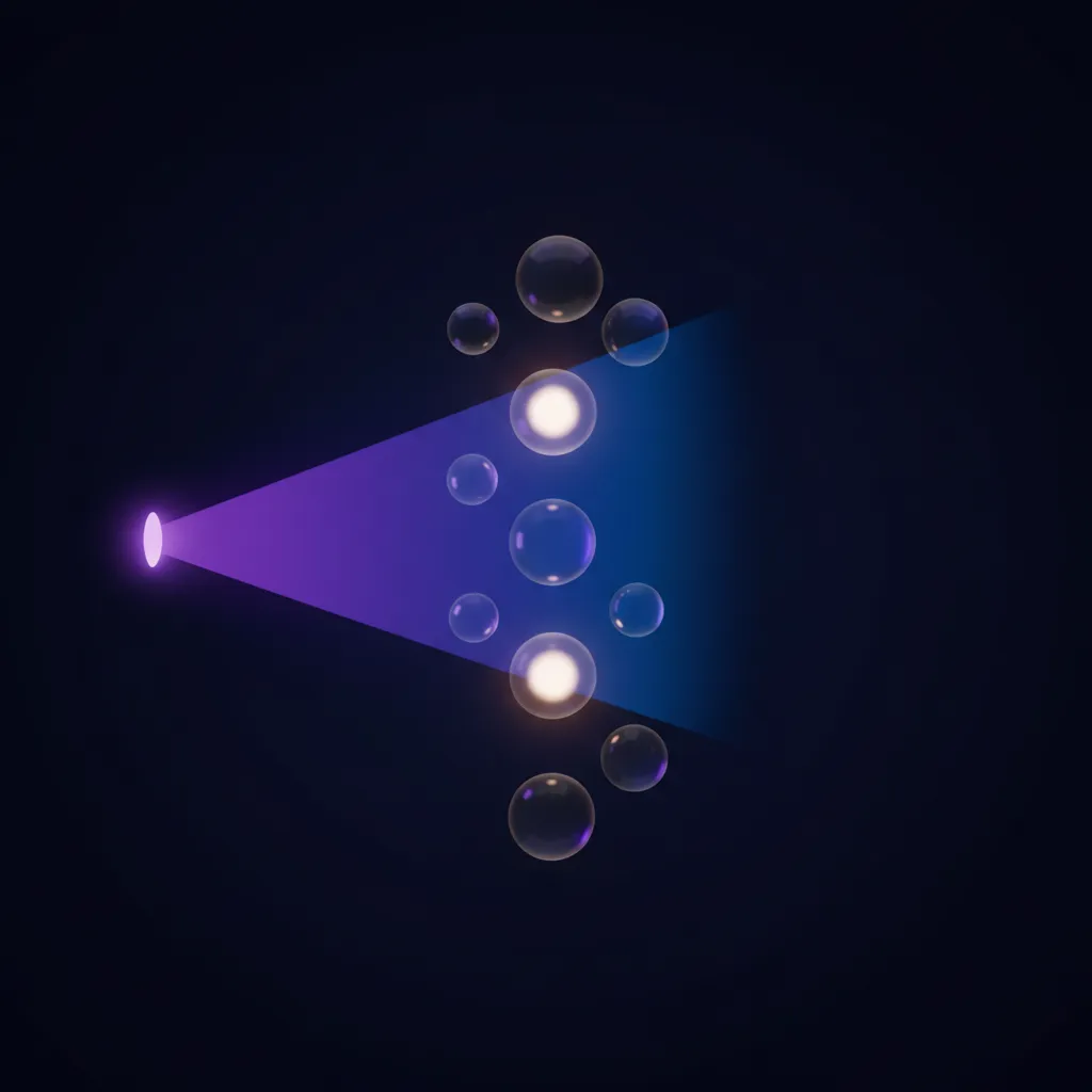 Faisceau lumineux violet et bleu scannant huit sphères en lévitation, métaphore visuelle de l'IA analysant les huit critères MEDDPICC pour qualifier un deal commercial B2B