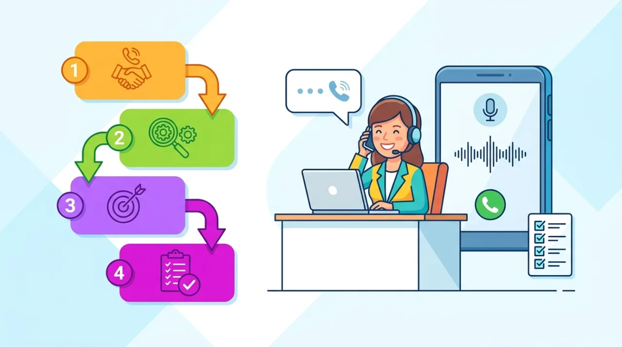 Illustration flat design de la méthode CROC en prospection téléphonique : un commercial avec casque au téléphone à côté d'un smartphone en appel et de quatre cartes numérotées représentant les étapes Contact, Raison, Objectif, Conclusion