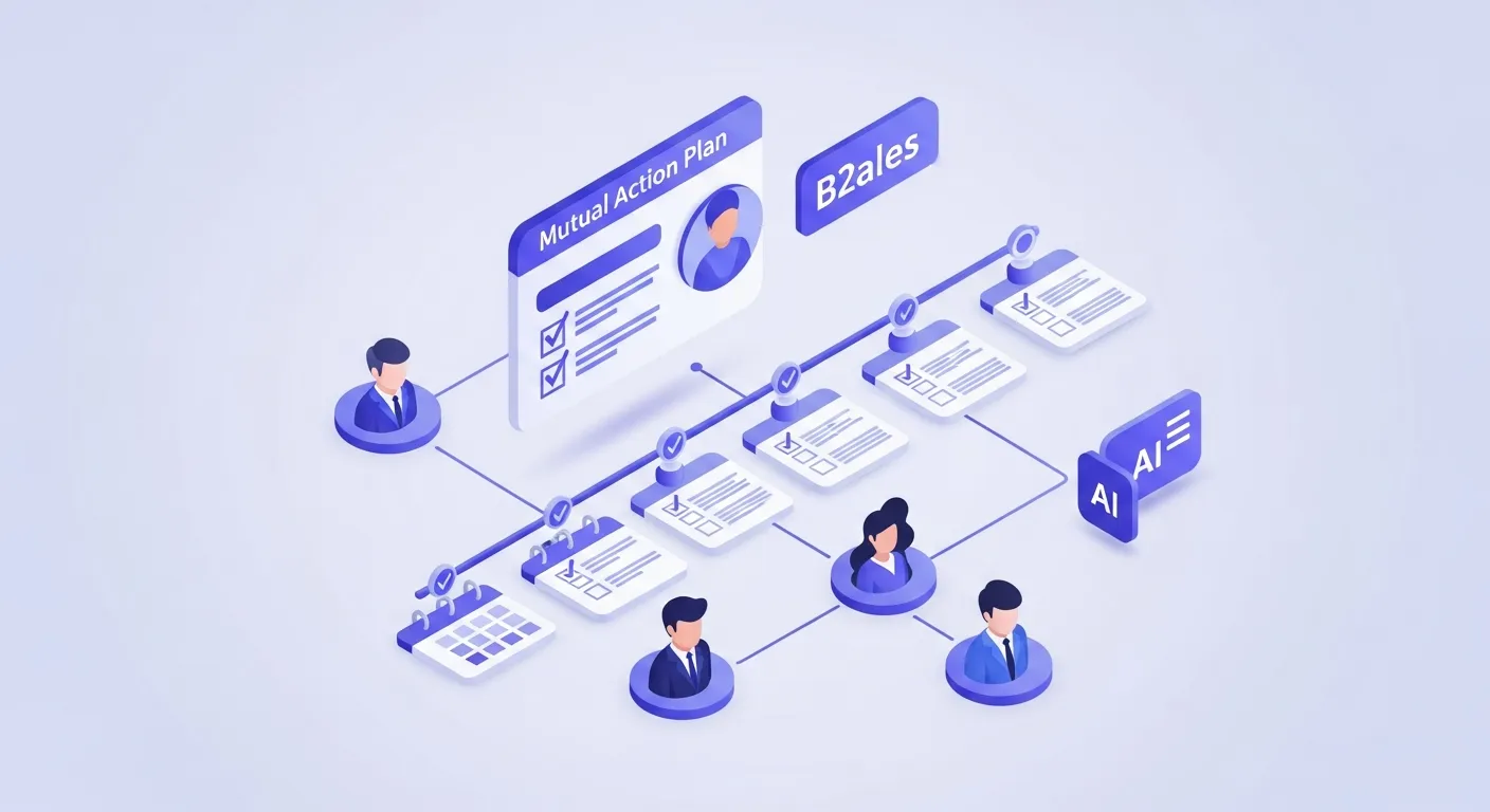 Illustration isométrique 3D d'un mutual action plan B2B : timeline avec jalons, cartes de tâches checklist, avatars des décideurs reliés par des lignes, checkpoints calendrier et nœud IA, tons violet et bleu