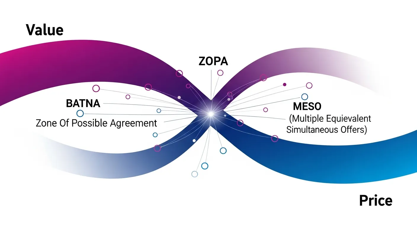 Infographie abstraite de négociation commerciale B2B IA en 2026 : courbes de valeur vs prix qui s'équilibrent, nœuds de données connectés représentant BATNA ZOPA MESO, flux de concessions échangées entre deux pôles, palette dégradée violet et bleu sur fond blanc