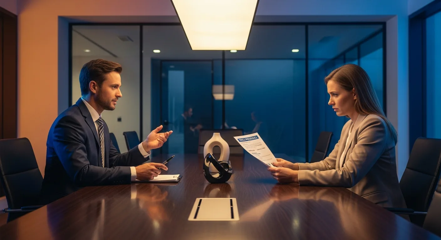 Négociation B2B tendue, commercial face à un acheteur exprimant une objection prix, ambiance bureau premium avec gradient ambre bleu