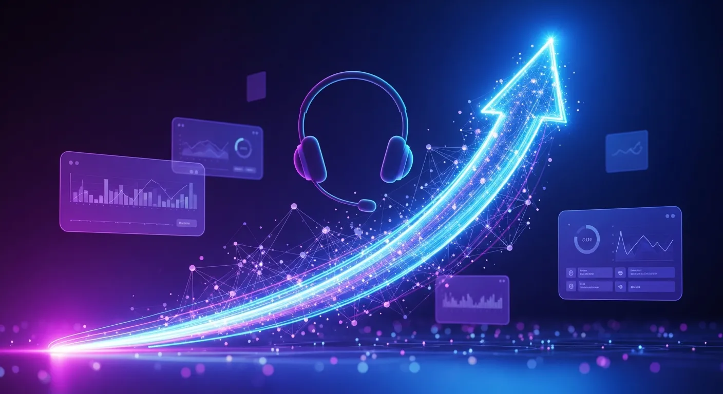 Illustration abstraite représentant l'accélération de la montée en compétence des commerciaux par l'IA, avec une trajectoire ascendante et des nœuds neuronaux sur fond violet et bleu