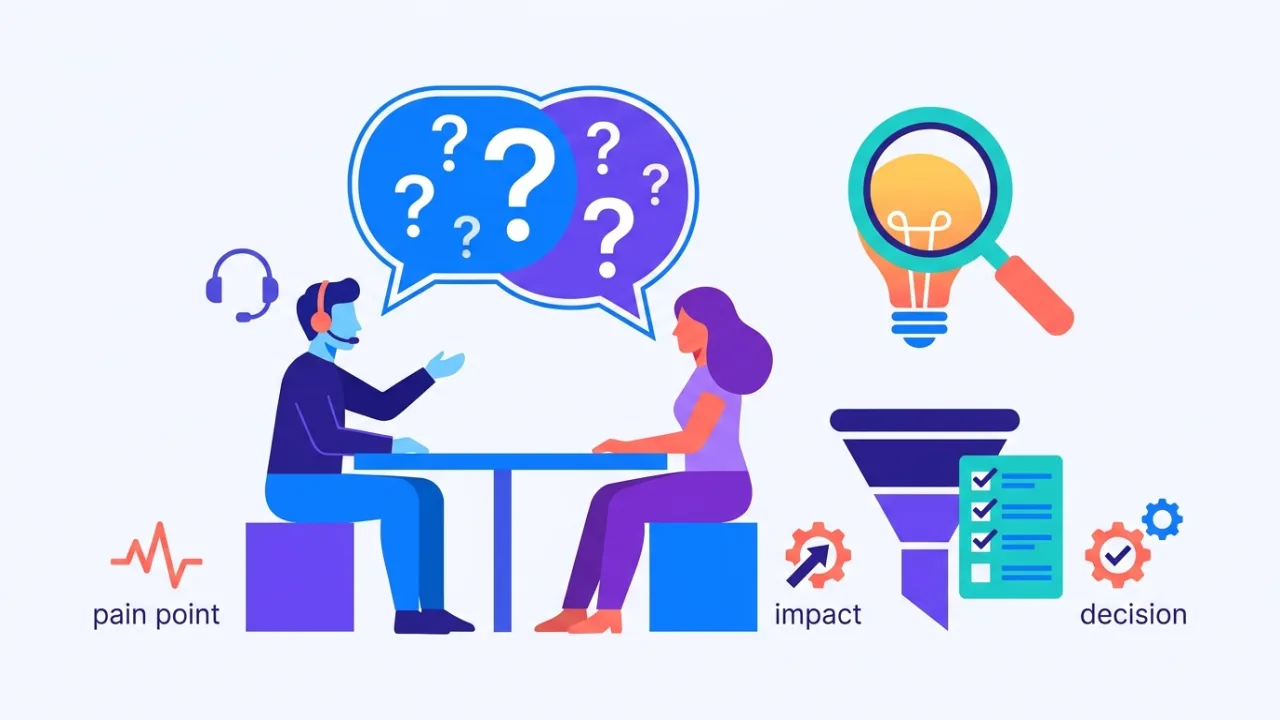 Illustration flat design des questions de découverte client en vente B2B : un commercial avec un casque face à un prospect, des bulles de dialogue remplies de points d'interrogation, une loupe sur une ampoule symbolisant la qualification et l'insight
