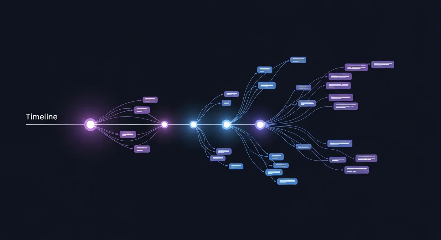 Infographie abstraite d'une séquence de relance commerciale IA : ligne de temps avec nœuds J+2, J+5, J+10 reliés par des flux, tons violet et bleu