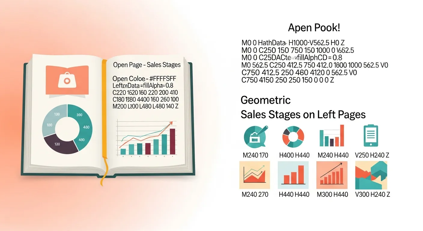 Illustration flat design minimaliste d'un sales playbook IA : livre commercial ouvert connecté à un cerveau IA, dashboards de scoring et entonnoir de vente, tons violet et bleu