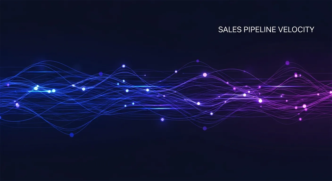 Infographie abstraite illustrant la formule de sales velocity : flux de données représentant opportunités, valeur deal, win rate et cycle de vente convergeant vers un revenu par jour, en tons violet et bleu