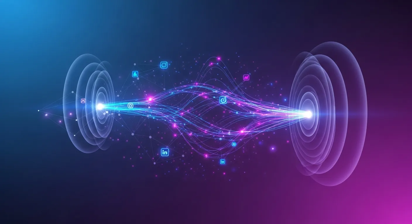 Visualisation abstraite violette et bleue de signaux d'achat empilés : flux de données, ondes radar, points lumineux convergeant vers un compte cible représentant le signal stacking outbound 2026