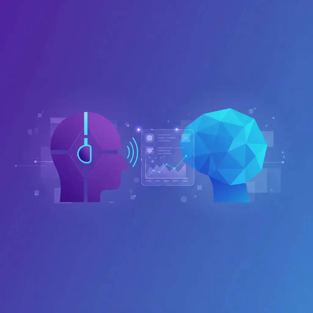 Interface holographique violette et bleue représentant une simulation d'appel commercial : un commercial humain s'entraîne face à un acheteur IA virtuel, ondes sonores et signaux d'émotion entre les deux