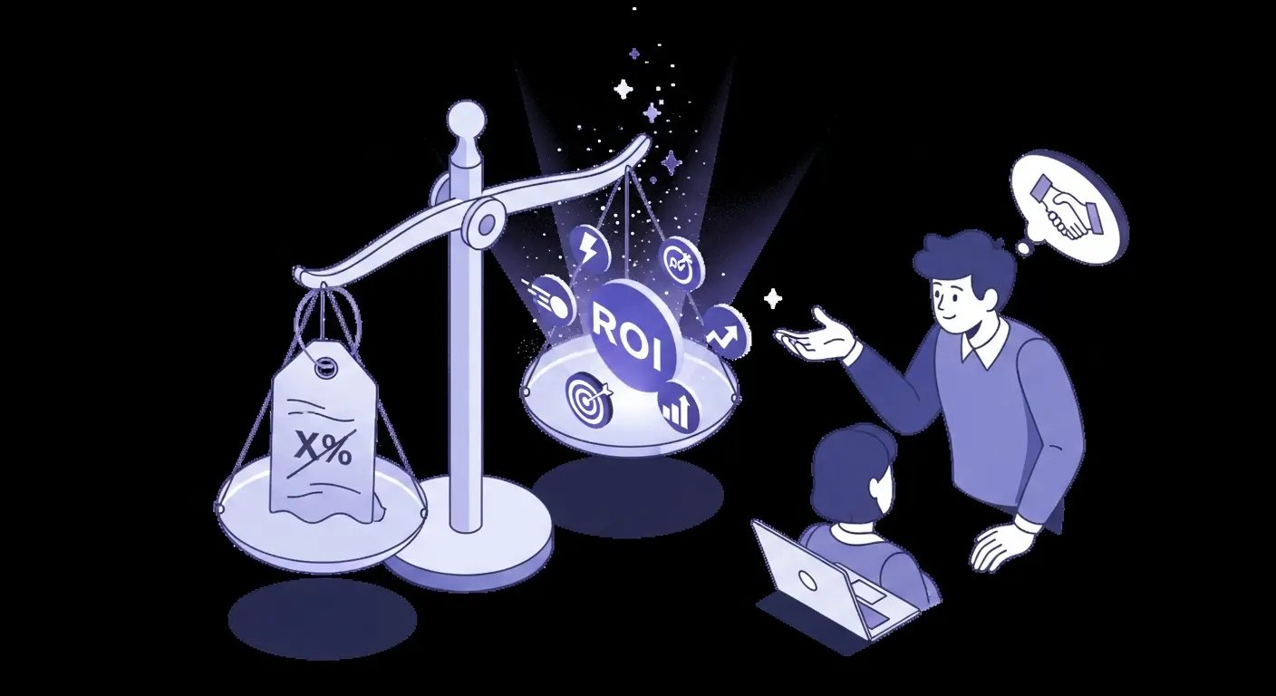 Illustration isométrique 3D : balance pesant une étiquette de prix face à une icône de valeur ROI, avec panneaux d'analyse IA d'objection, tons violet et bleu