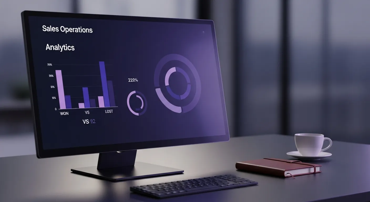 Photographie corporate d'une revue de pipeline commerciale : tableau de bord analytique avec graphes de win rate, statuts deals gagnés et perdus, gradient violet bleu, ambiance bureau premium